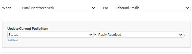 Dropdown menu interface for GlobiMail automation. Shows settings for updating the status of inbound emails to "Reply Received" in Podio.