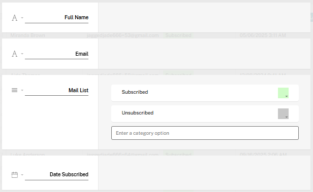 App Template screenshot showing the Name, Email, Category for Subscribed and a Date for validation